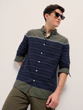 THE BEAR HOUSE Men Button-Down Collar Horizontal Striped Cotton Slim Fit Casual Shirt