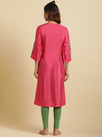 W Keyhole Neck Thread Work Pleated Straight Kurta