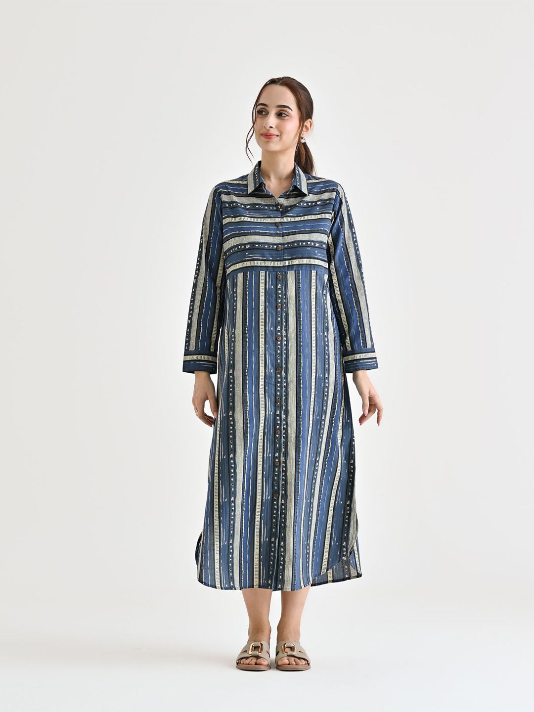 Rustorange Women Striped Cotton Shirt Collar Shirt Midi Dress