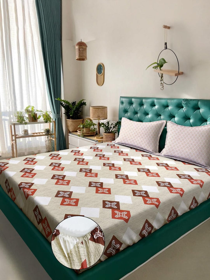 KLOTTHE Beige Geometric 400 TC King Bedsheet with 2 Pillow Covers
