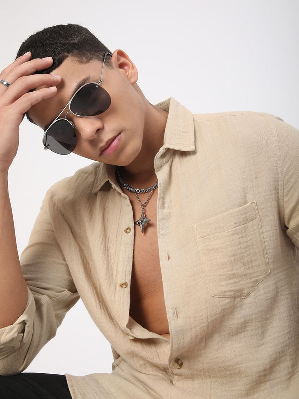 VASTRADO Men Classic Fit Spread Collar Solid Cotton Casual Shirt