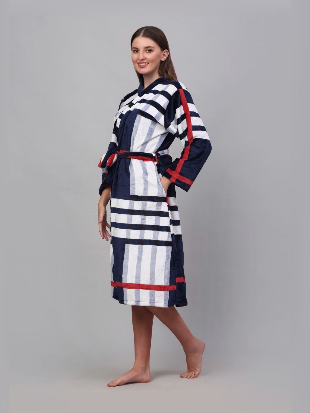 KLOTTHE Navy Blue & White Striped Bath Robe With Belt