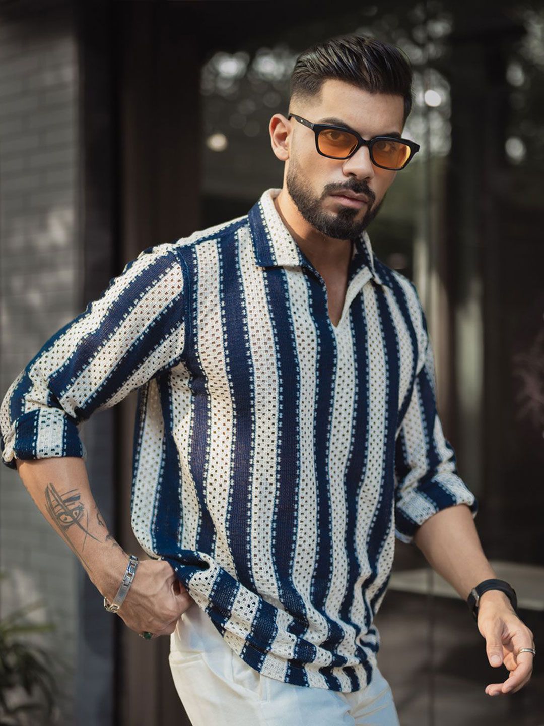 Powerlook Men Spread Collar Vertical Striped Casual Shirt