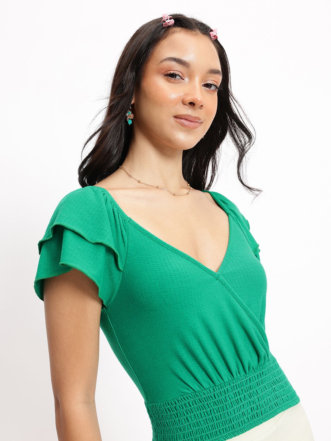 DressBerry V-Wrap Fusion Smocked Blouson Top