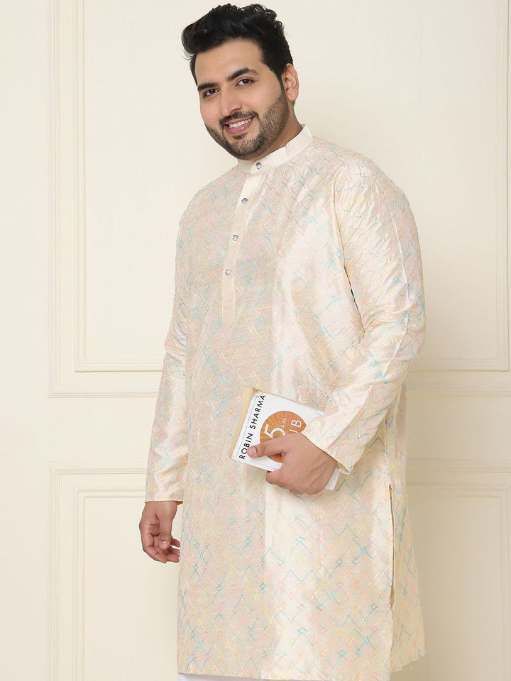 SOJANYA PLUS Geometric Embroidered Thread Work Silk Cotton Straight Kurta with Pyjamas