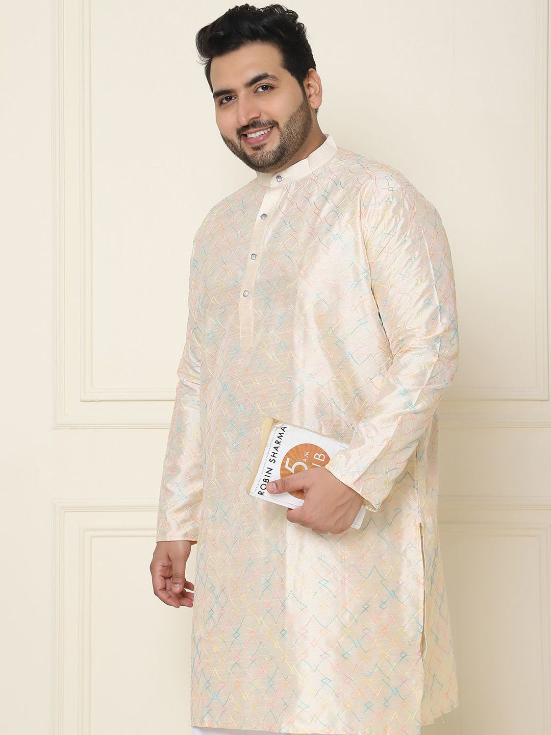 SOJANYA PLUS Geometric Embroidered Thread Work Silk Cotton Straight Kurta with Pyjamas