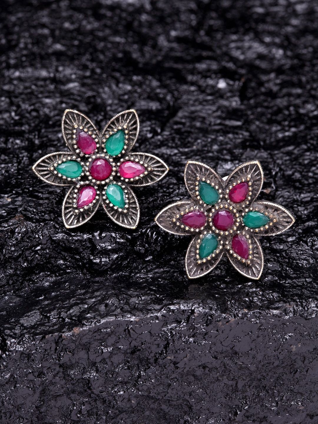 Anouk Silver-Plated Stone Studded Floral Shaped Studs