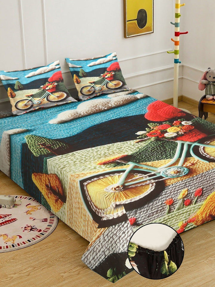 KLOTTHE Biru & Hijau Bercetak 400 TC Cadar Katil Double Dengan 2 Sarung Bantal-98.4 x 88.5 Inci