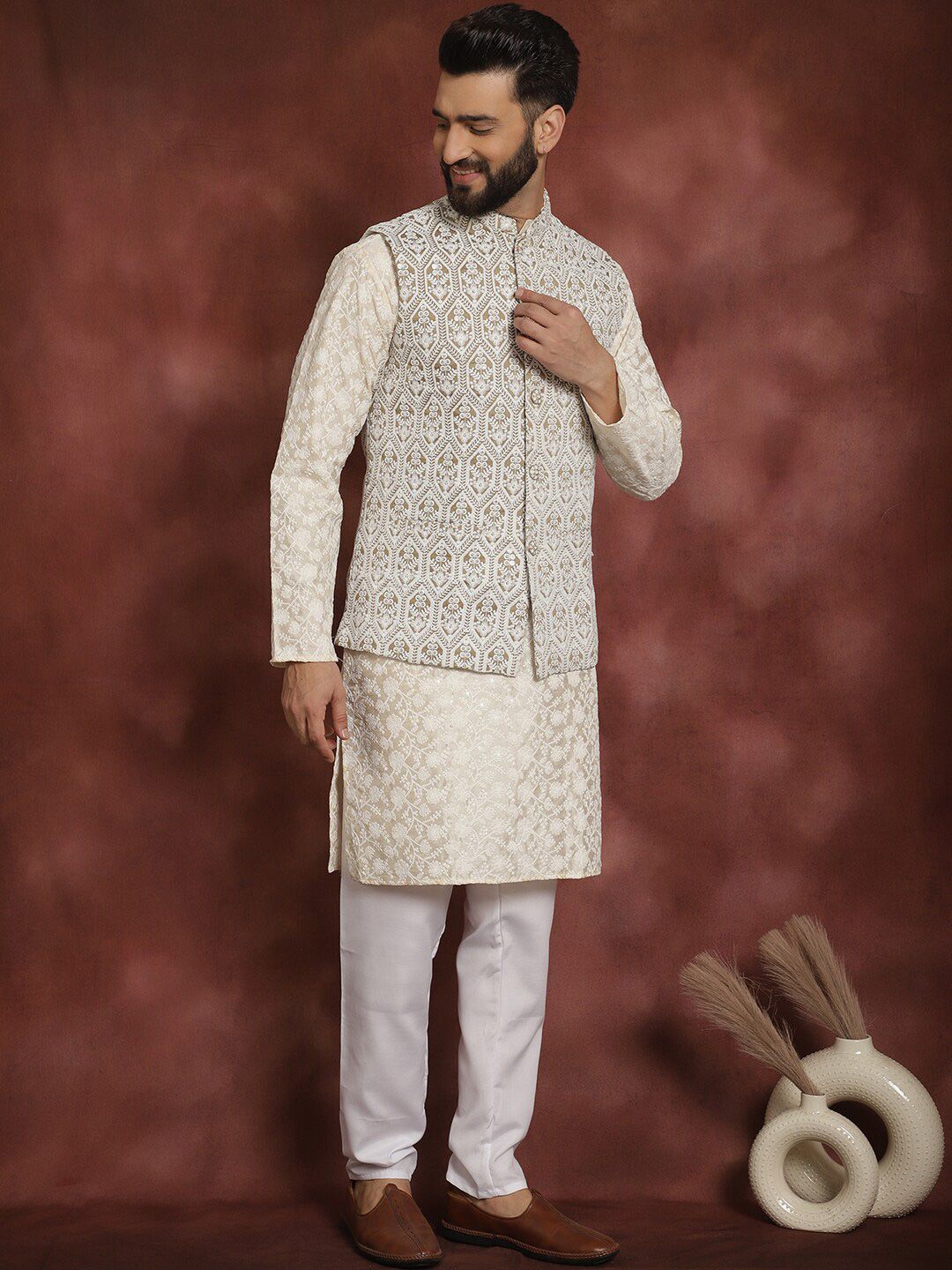 Anouk Floral Embroidered Regular Thread Work Kurta Churidar with Nehru jacket