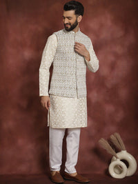 Anouk Floral Embroidered Regular Thread Work Kurta Churidar with Nehru jacket