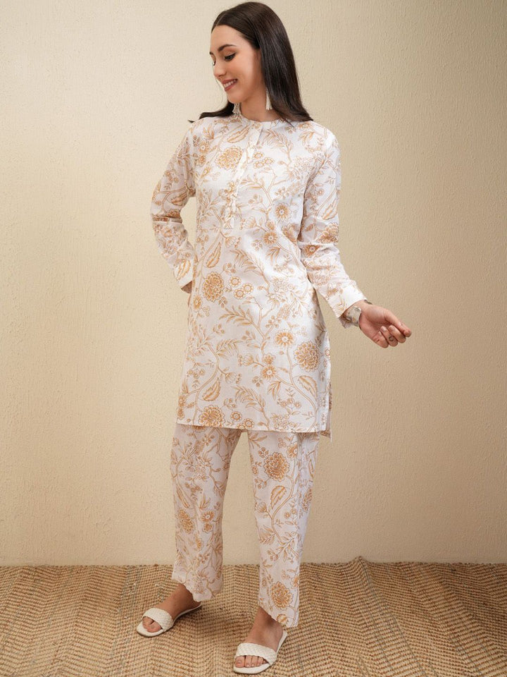 Vishudh White & Beige Floral Printed Pure Cotton Tunic With Trousers