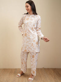 Vishudh White & Beige Floral Printed Pure Cotton Tunic With Trousers