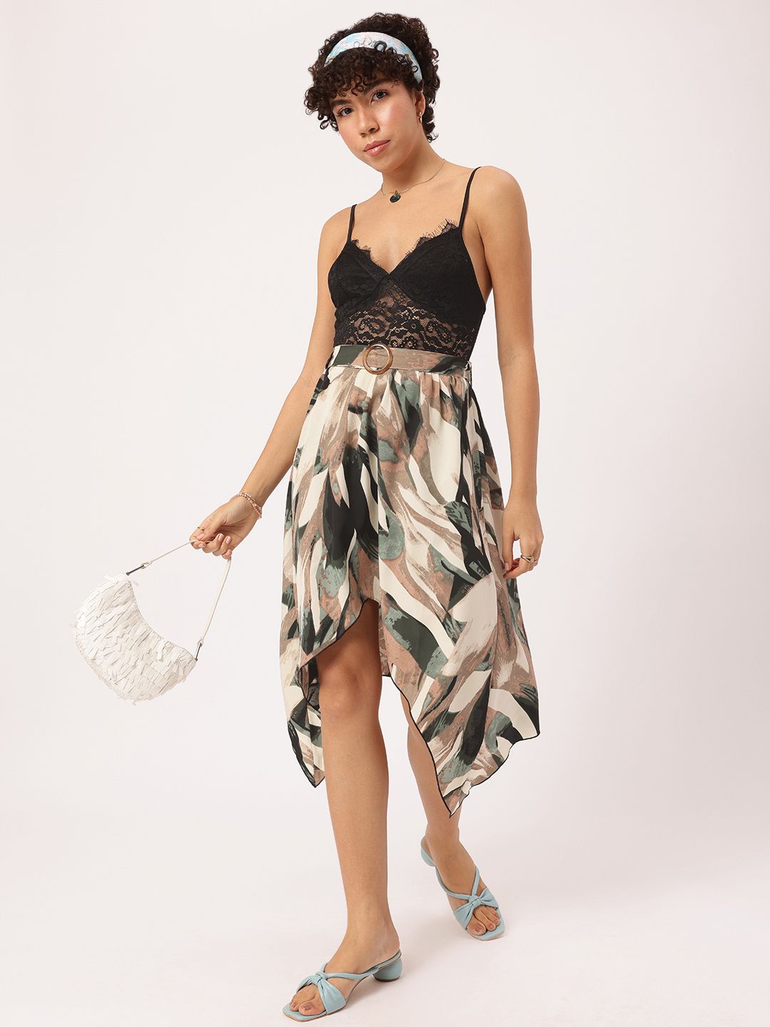 DressBerry Island Girl Printed Lacey Belted A-Line Dress