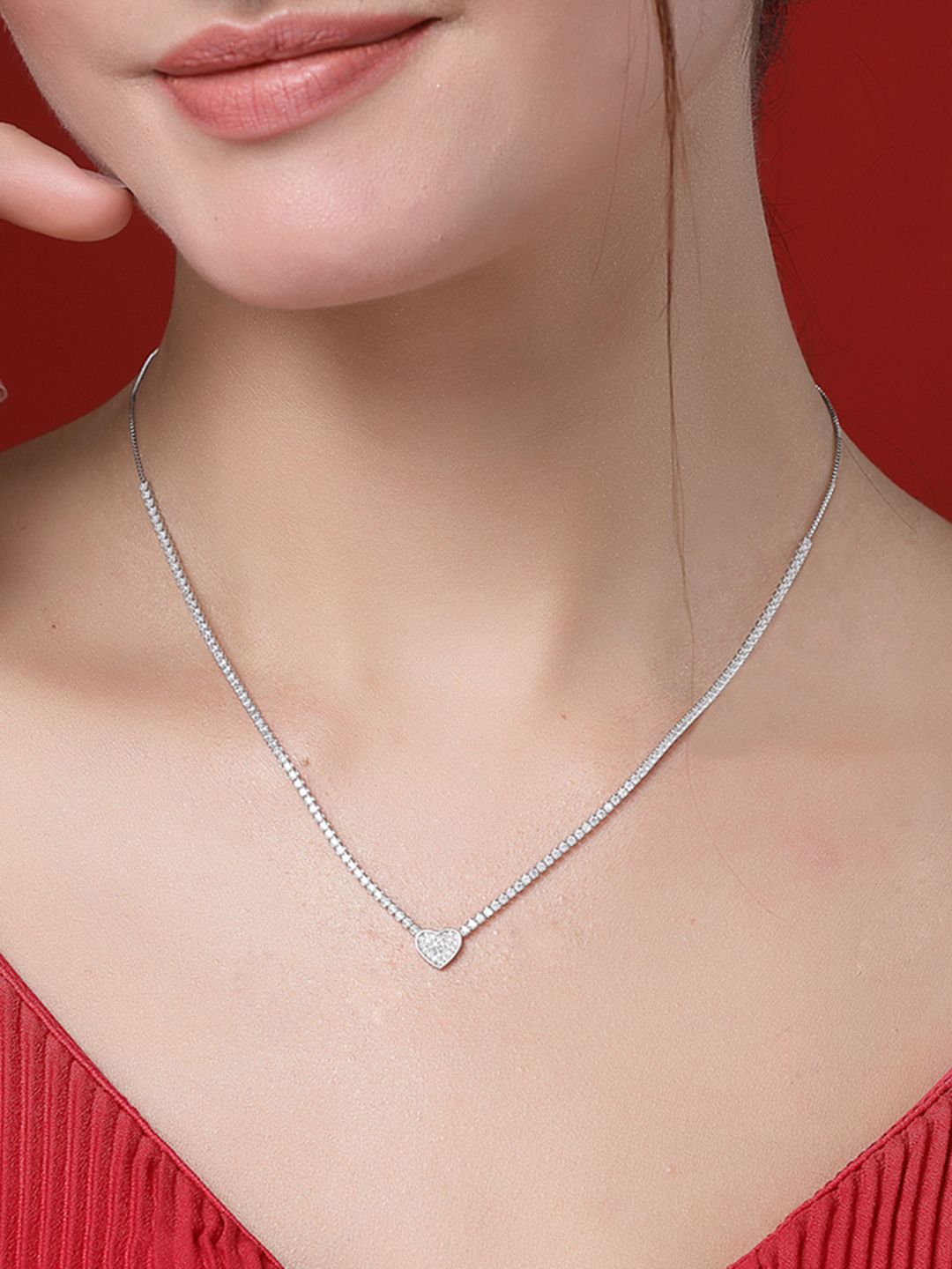 PANASH 925 Sterling Silver Rhodium-Plated CZ-Studded Heart Necklace