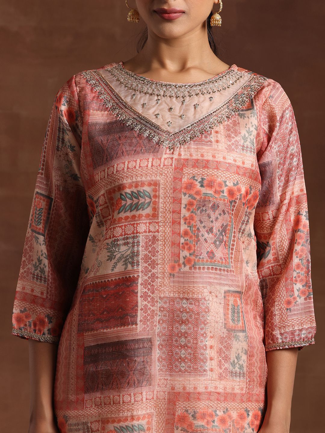Libas Ethnic Motifs Printed Organza Straight Kurta With Trouser & Dupatta