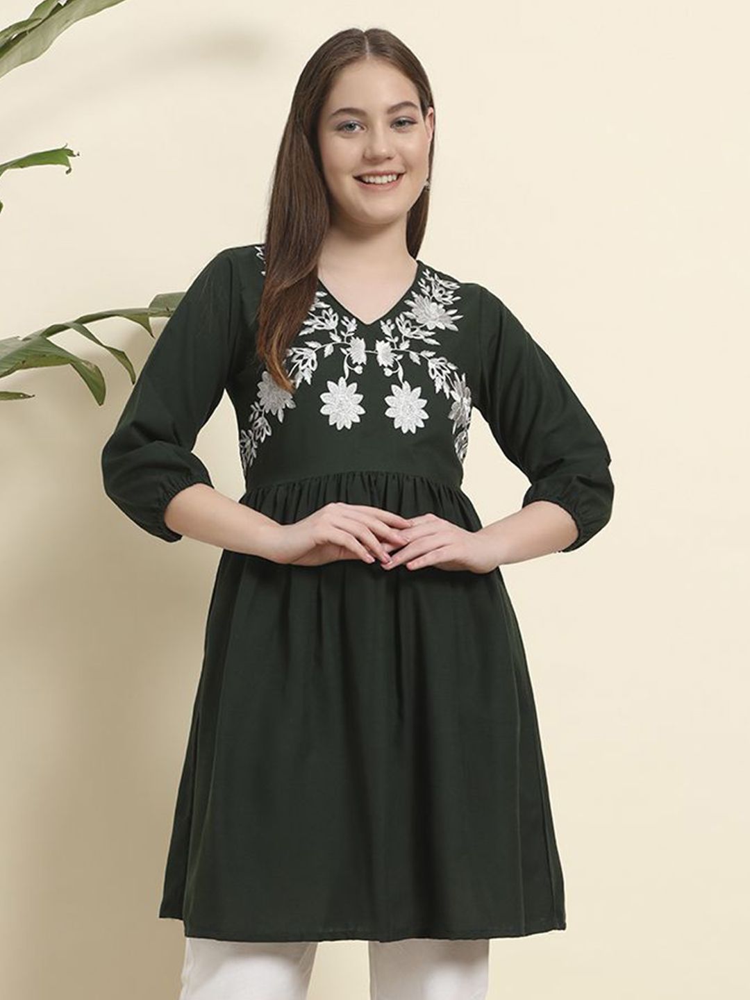KALINI Women's Rayon Embroidery A-Line  3/4 Sleeve Women's Tunic Tops/Short Kurti