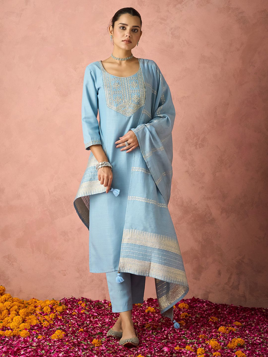 KALINI Floral Yoke Design Straight Thread Work Kurta with Trousers & Dupatta