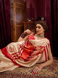 Saree mall Off White Ethnic Printed Durga Puja Saree