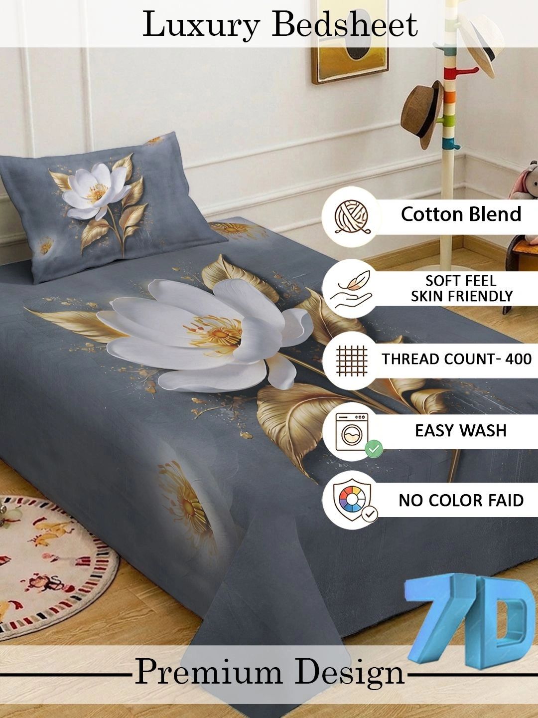 KLOTTHE Kelabu & Putih Bunga Dilengkapi Cadar 7D Single 400 TC dengan 1 Sarung Bantal