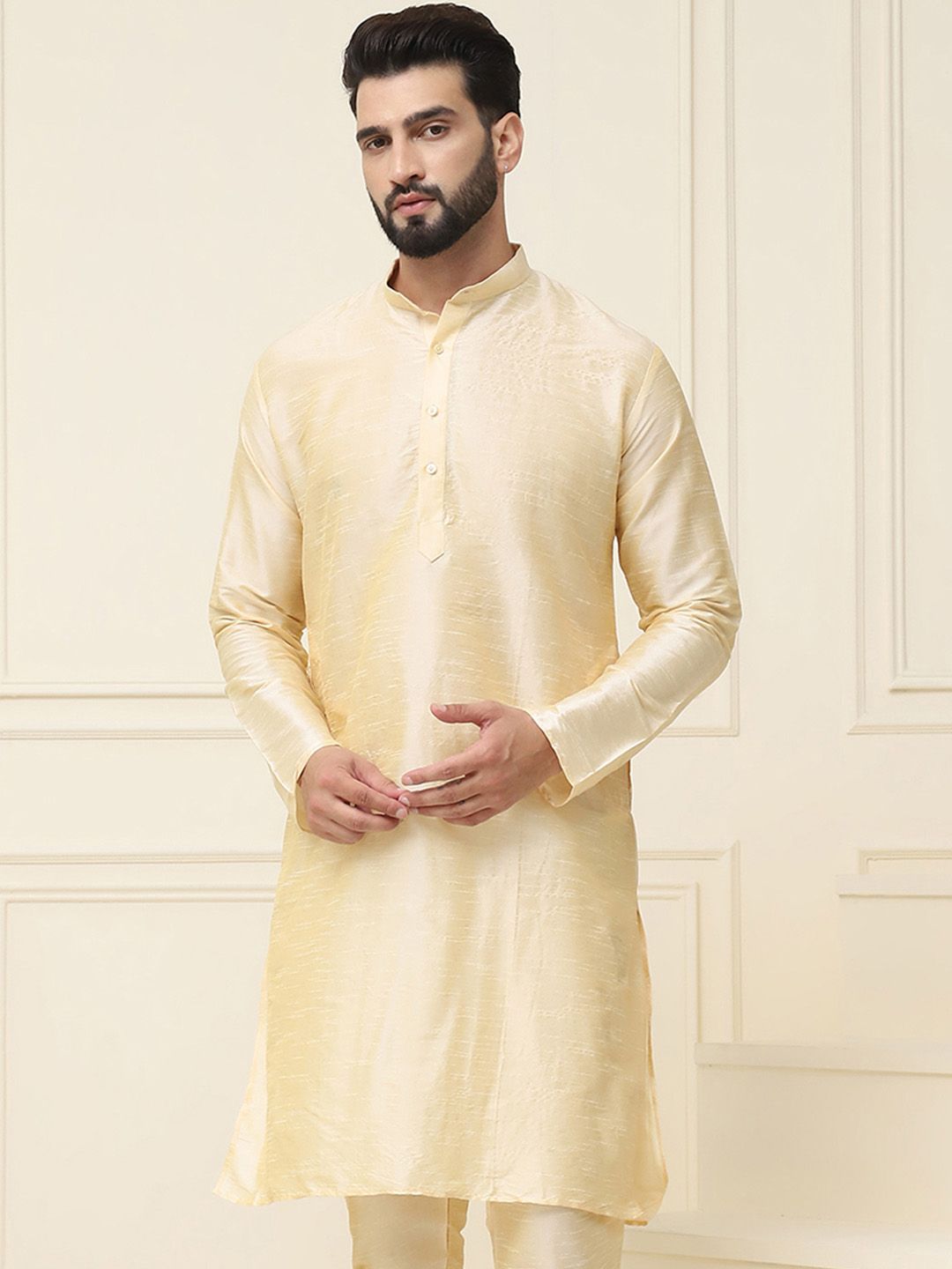 SOJANYA Self Design Band Collar Dupion Silk Straight Kurta