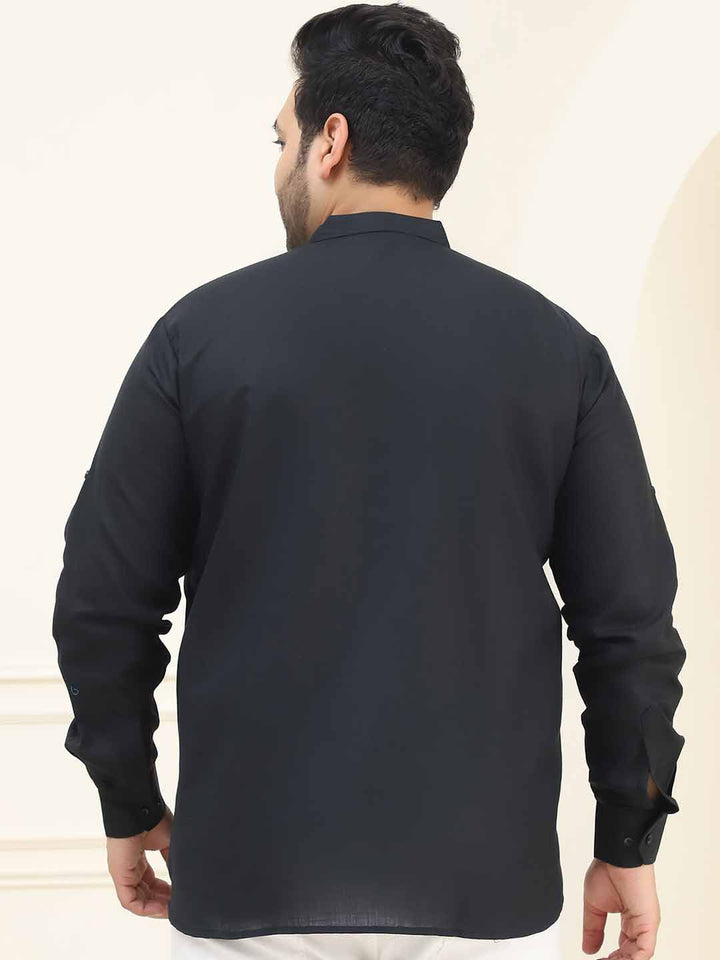 SOJANYA PLUS Band Collar Long Roll-Up Lengan Kurta Lurus Kapas Tulen