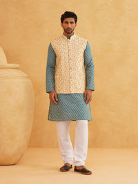 SOJANYA Ethnic Motifs Woven design Band Collar Kurta With Churidar And Nehru Jacket