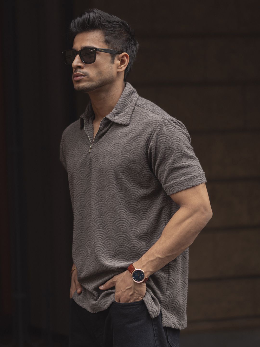 Powerlook Men Self Design Polo Collar T-shirt