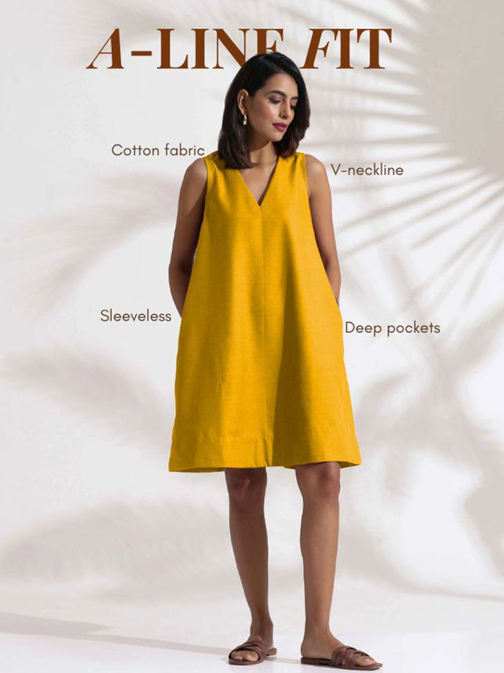 trueBrowns Women A-Line Mustard Cotton Blend Short Dress