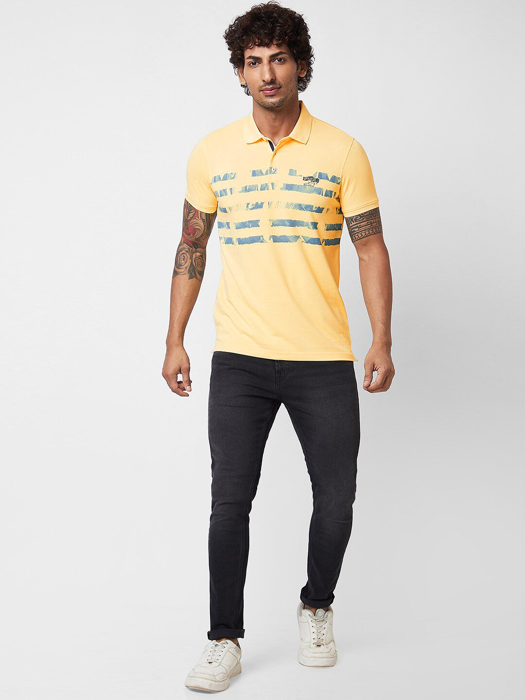 SPYKAR Polo Collar Short Sleeves Abstract Print Cotton Slim Fit T-shirt