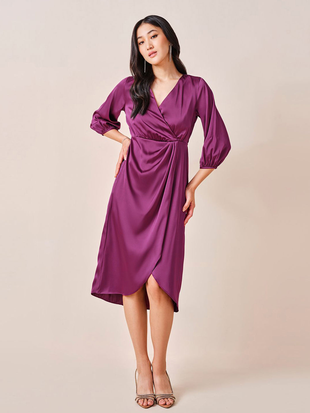 AND Women Solid V-Neck Puff Sleeve Wrap Midi Dress