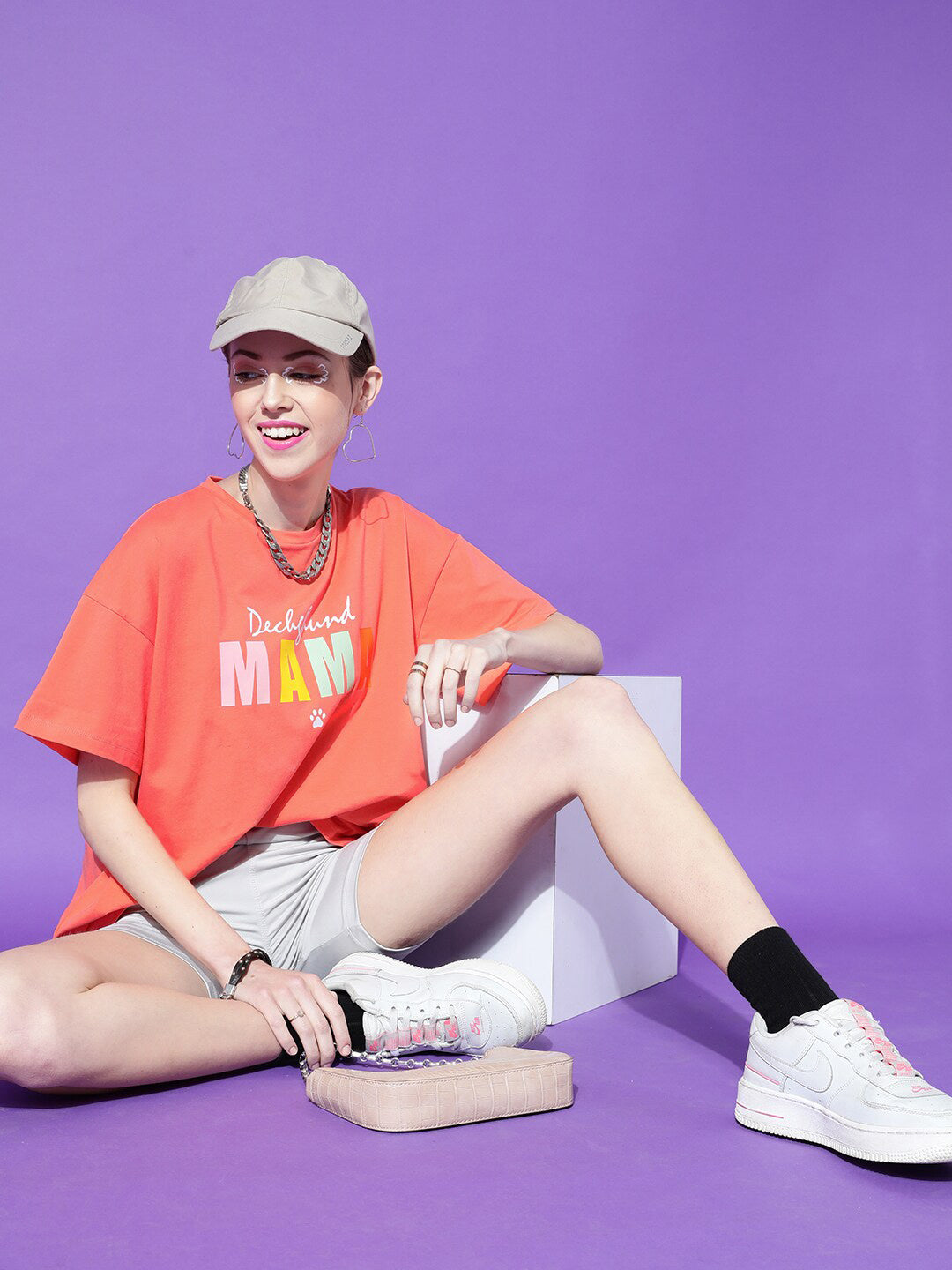 STREET 9 Women Coral Typography Printed Oversized Cotton Outdoor T-shirt