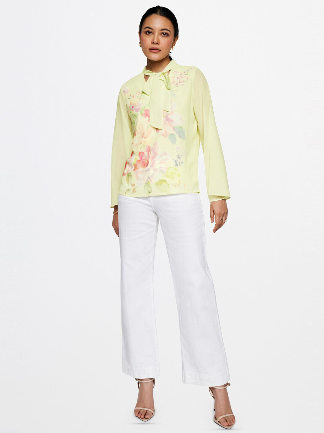 AND Floral Printed Tie-Up Neck Flared Sleeves Top