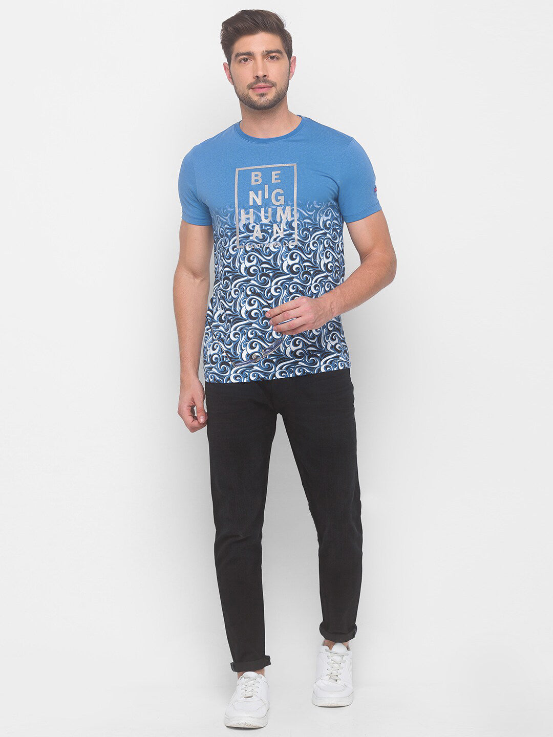 Being Human Men Blue Floral Printed Pure Cotton T-shirt