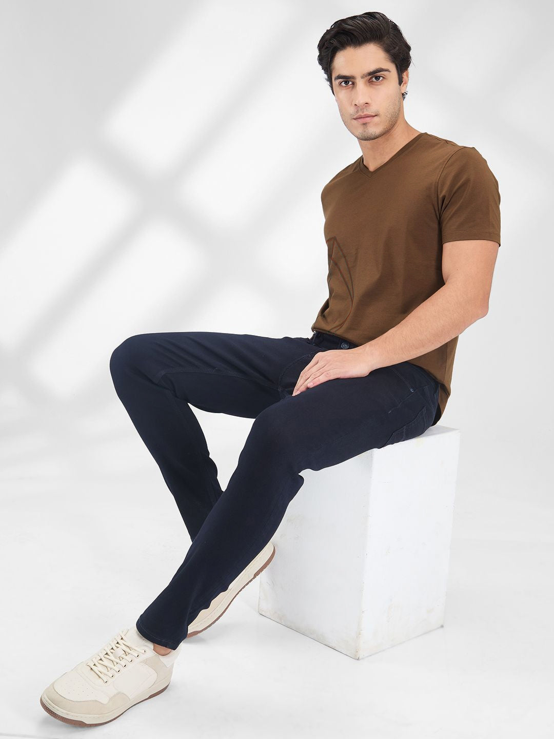 SPYKAR Men V-Neck Raw Edge Slim Fit T-shirt