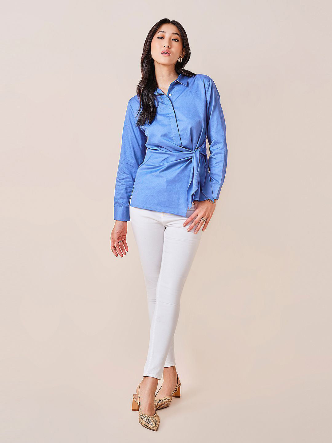 AND Women Solid Shirt Collar Long Sleeves Cotton Top