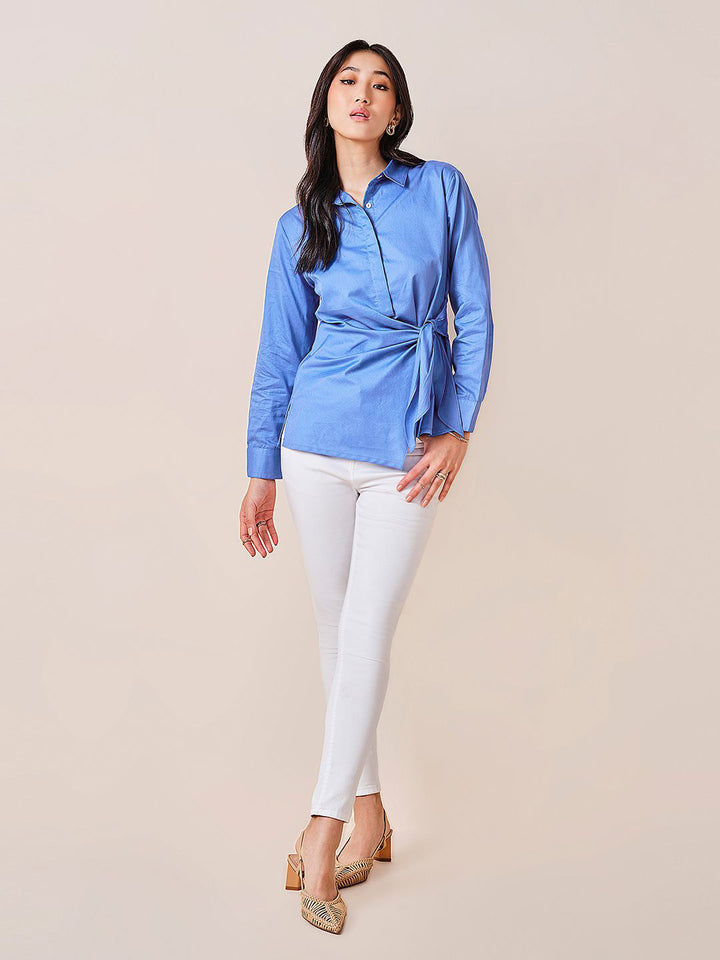 AND Women Solid Shirt Collar Long Sleeves Cotton Top