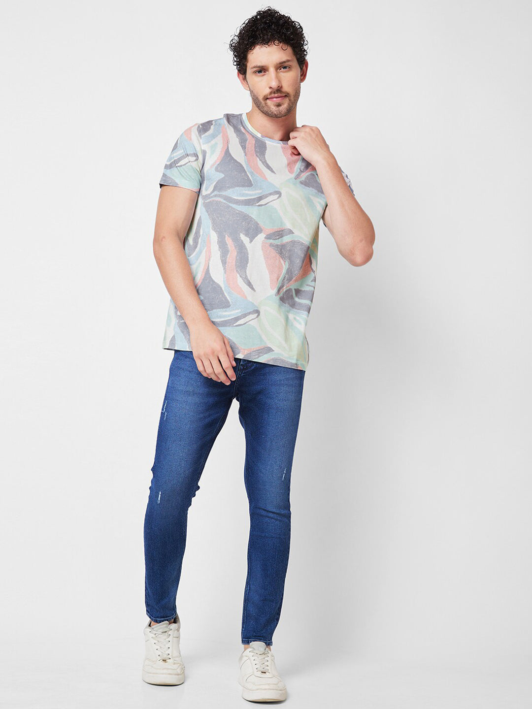 SPYKAR Round Neck Short Sleeves Printed Slim Fit Cotton T-shirt