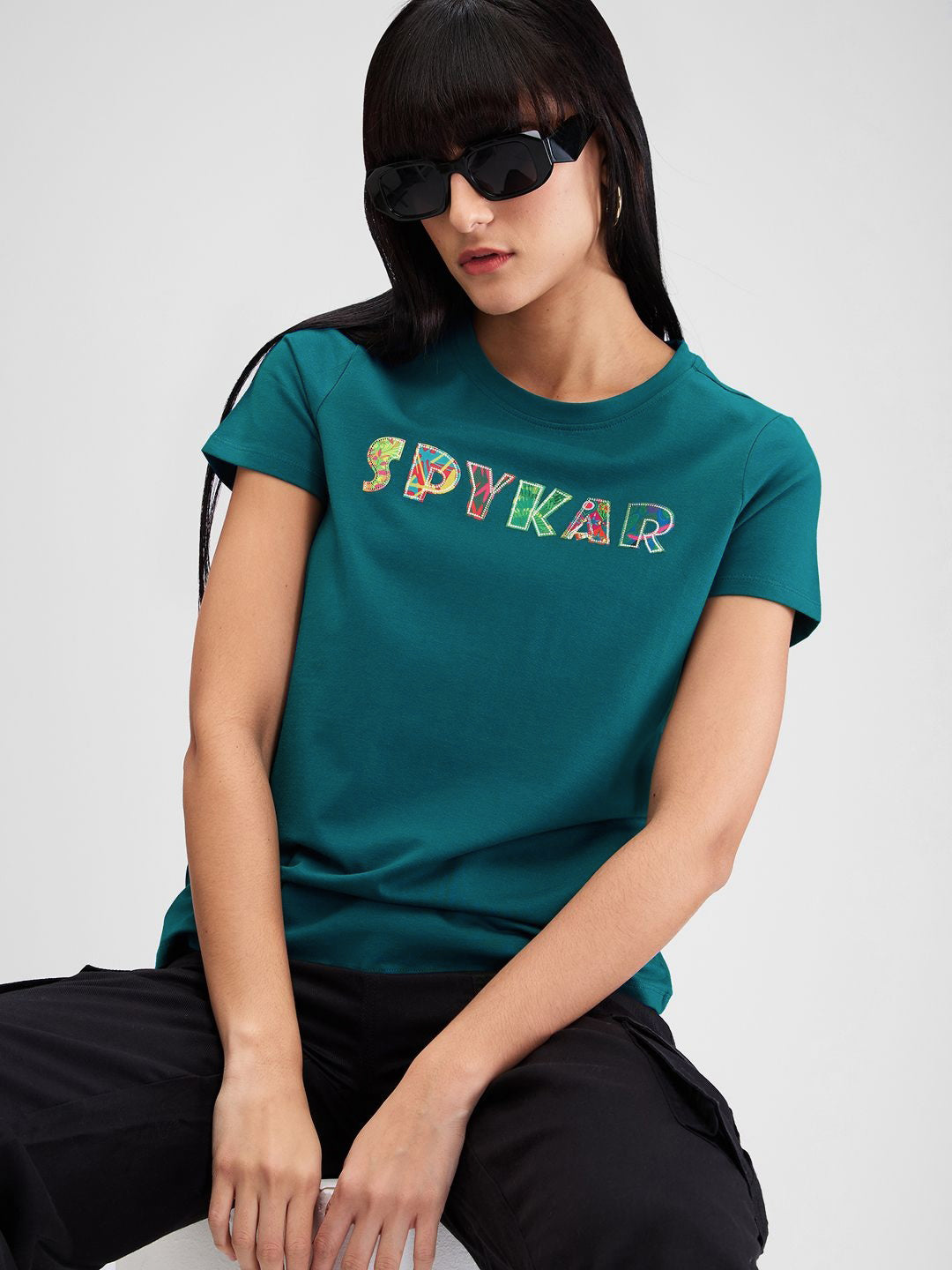 SPYKAR Women Typography Applique T-shirt