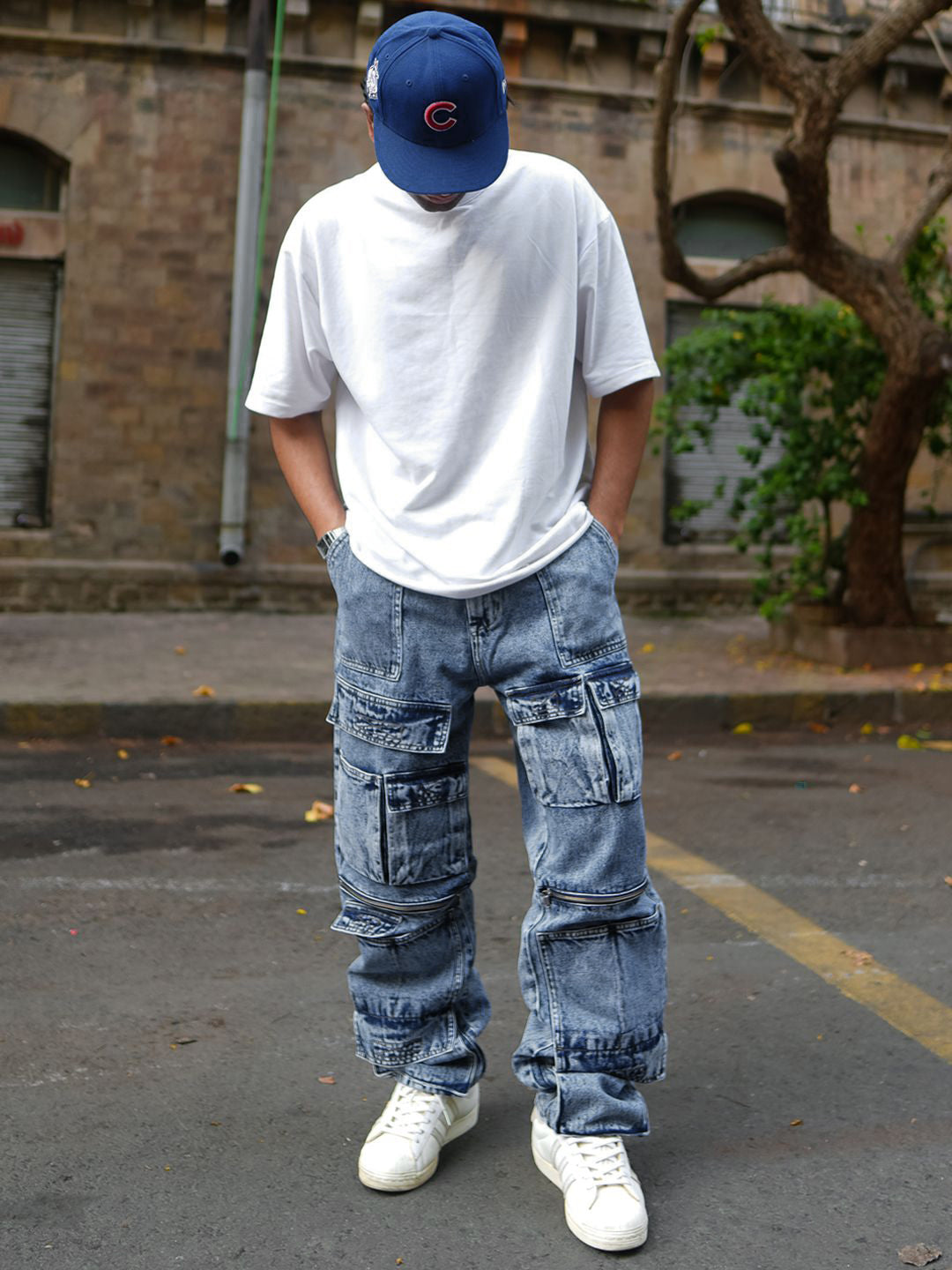 Powerlook Men Loose Baggy Fit Pure Cotton Denim Cargos