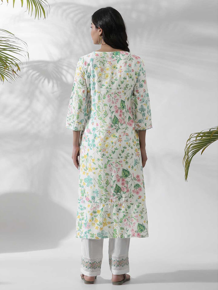 W White Floral Printed Straight Kurta