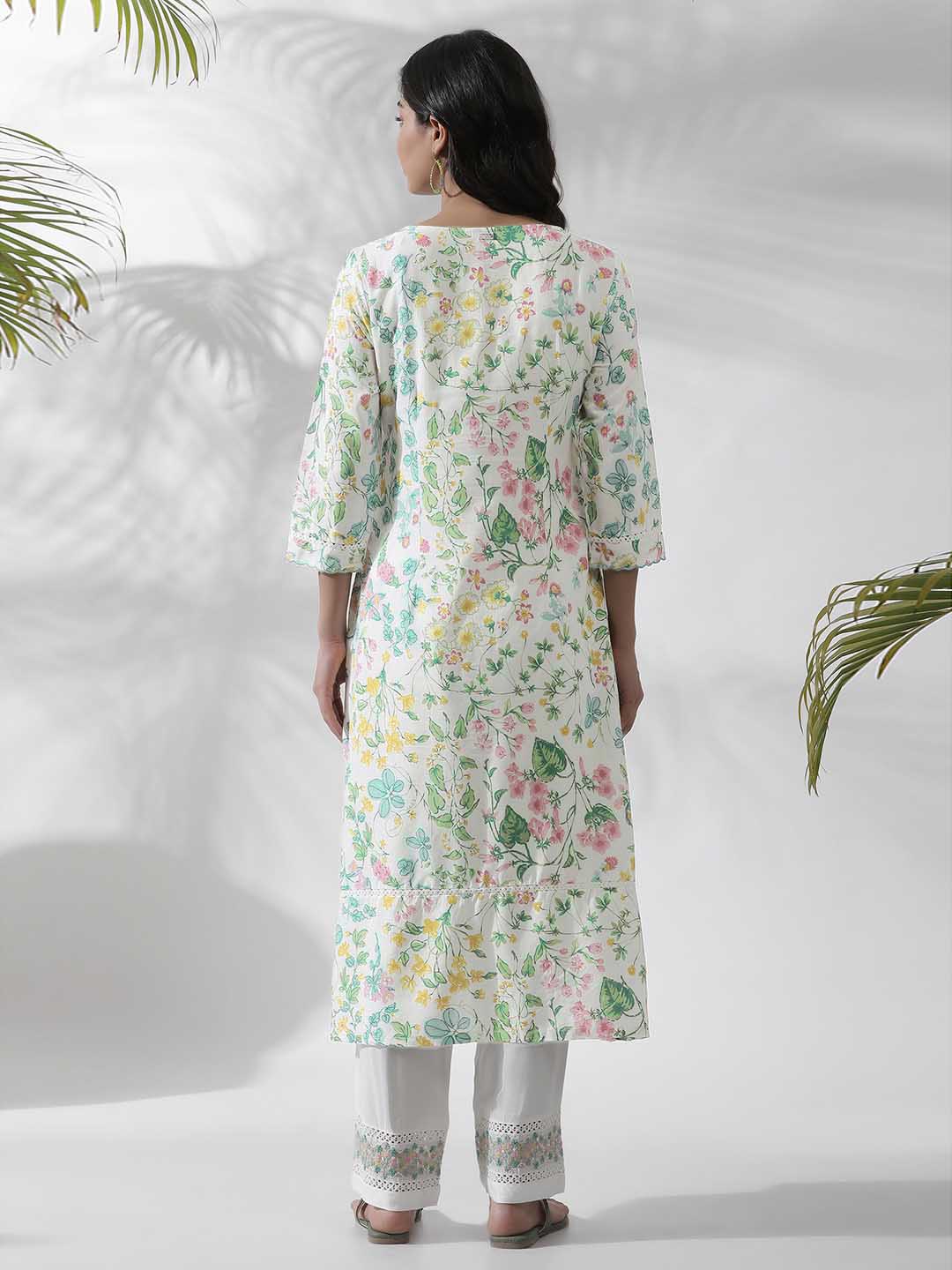 W White Floral Printed Straight Kurta