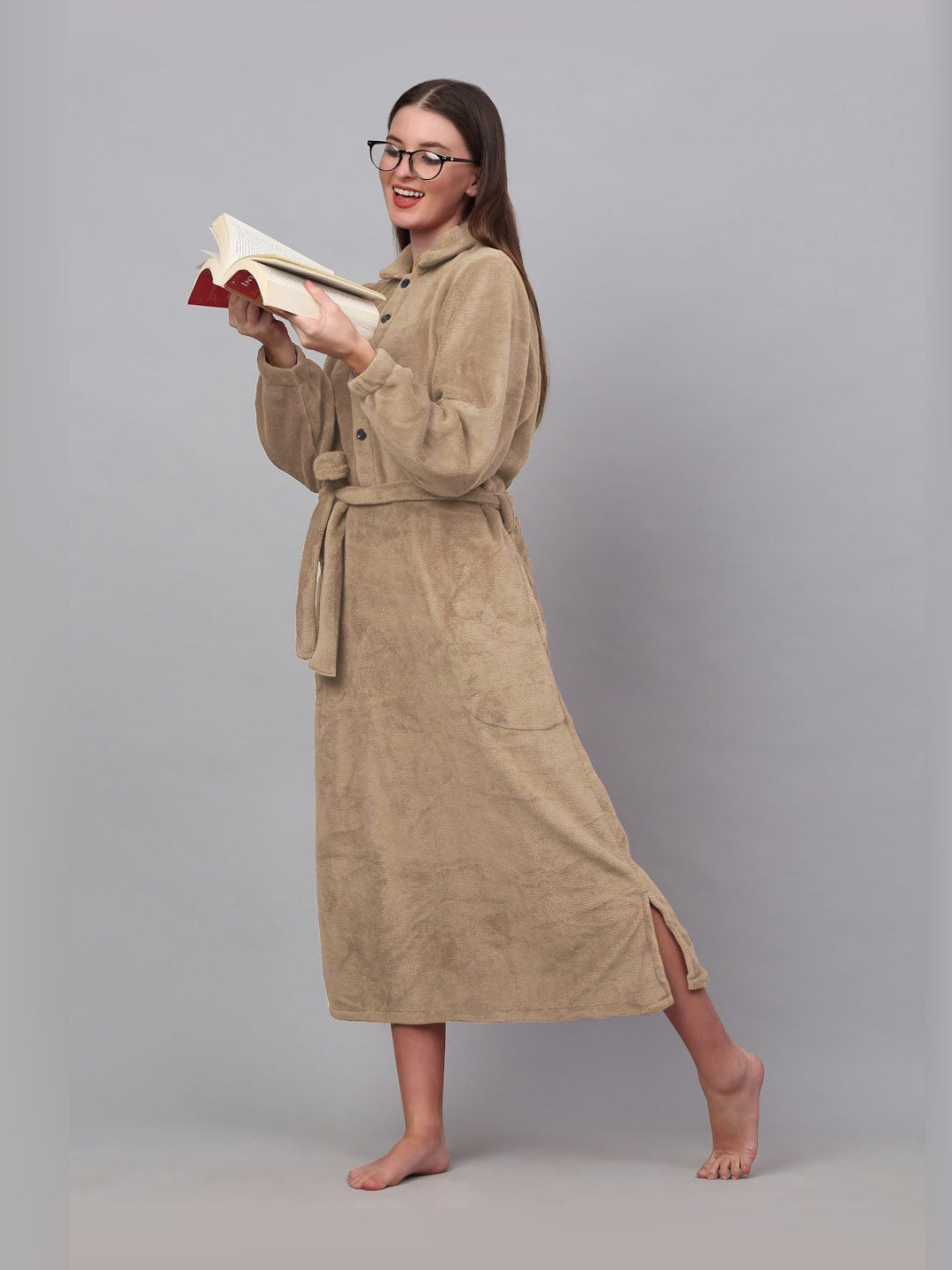 KLOTTHE Beige Woollen Long Sleeves Bath Robe With Belt