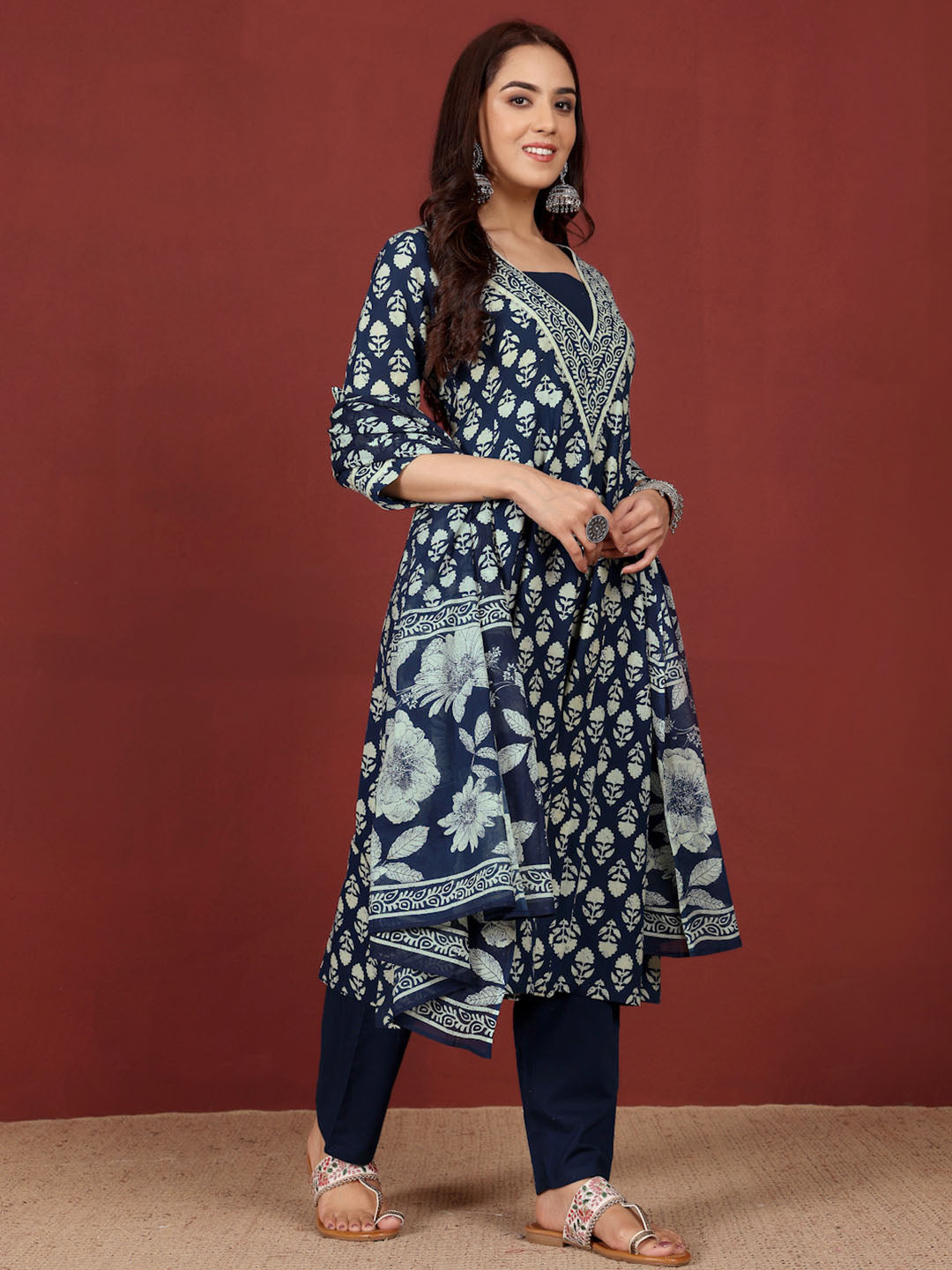 Varanga Floral Printed V-Neck Gotta Patti Pure Cotton A-Line Kurta With Trousers & Dupatta