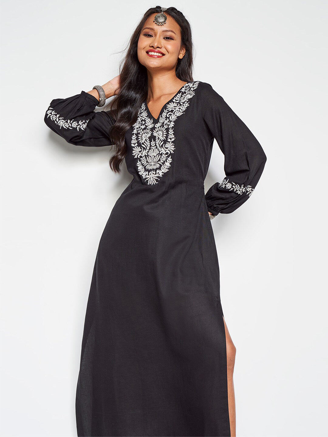 Global Desi Ethnic Motif Embroidered V-Neck A-Line Maxi Ethnic Dress