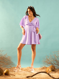 Berrylush Purple Printed Flutter Sleeve Wrap Mini Dress
