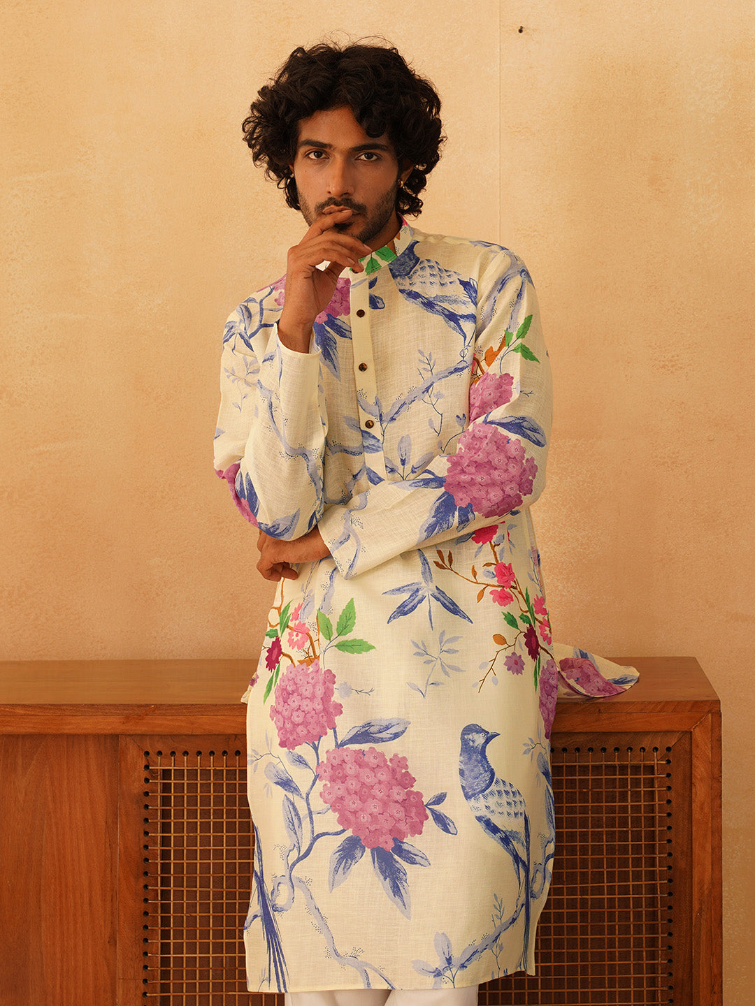 Jompers Floral Printed Pure Cotton Mandarin Collar Kurta With Trousers