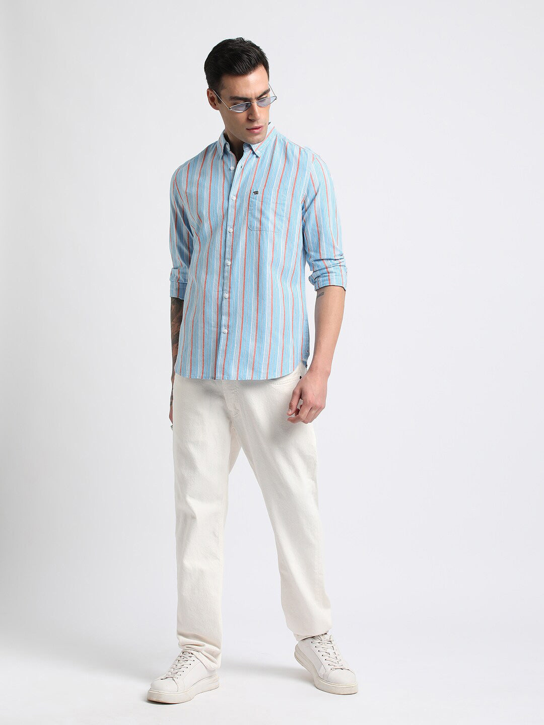 THE BEAR HOUSE Slim Fit Striped Spread Collar Cotton Casual Shirt