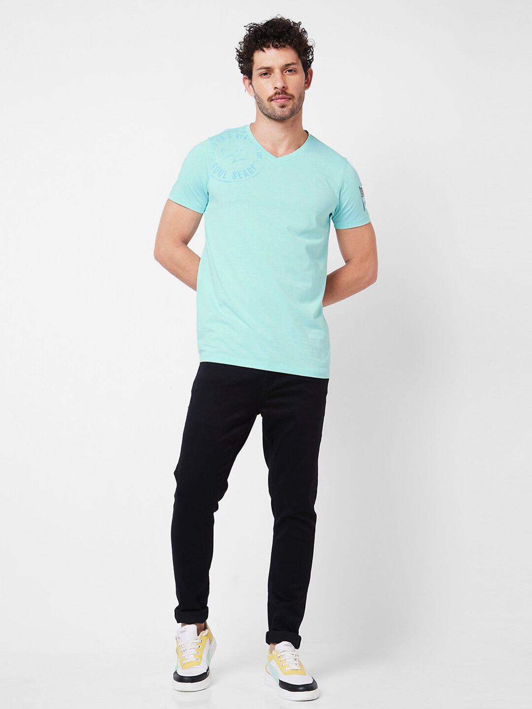 SPYKAR Typography Printed V-Neck Cotton Slim Fit T-shirt