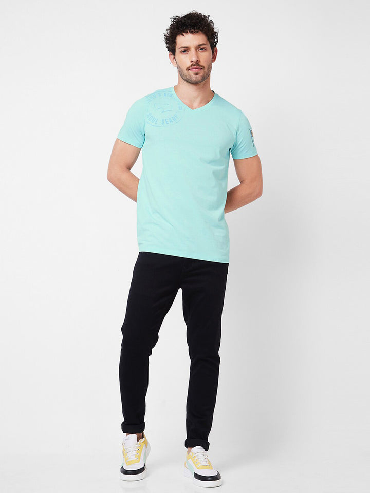 SPYKAR Typography Printed V-Neck Cotton Slim Fit T-shirt