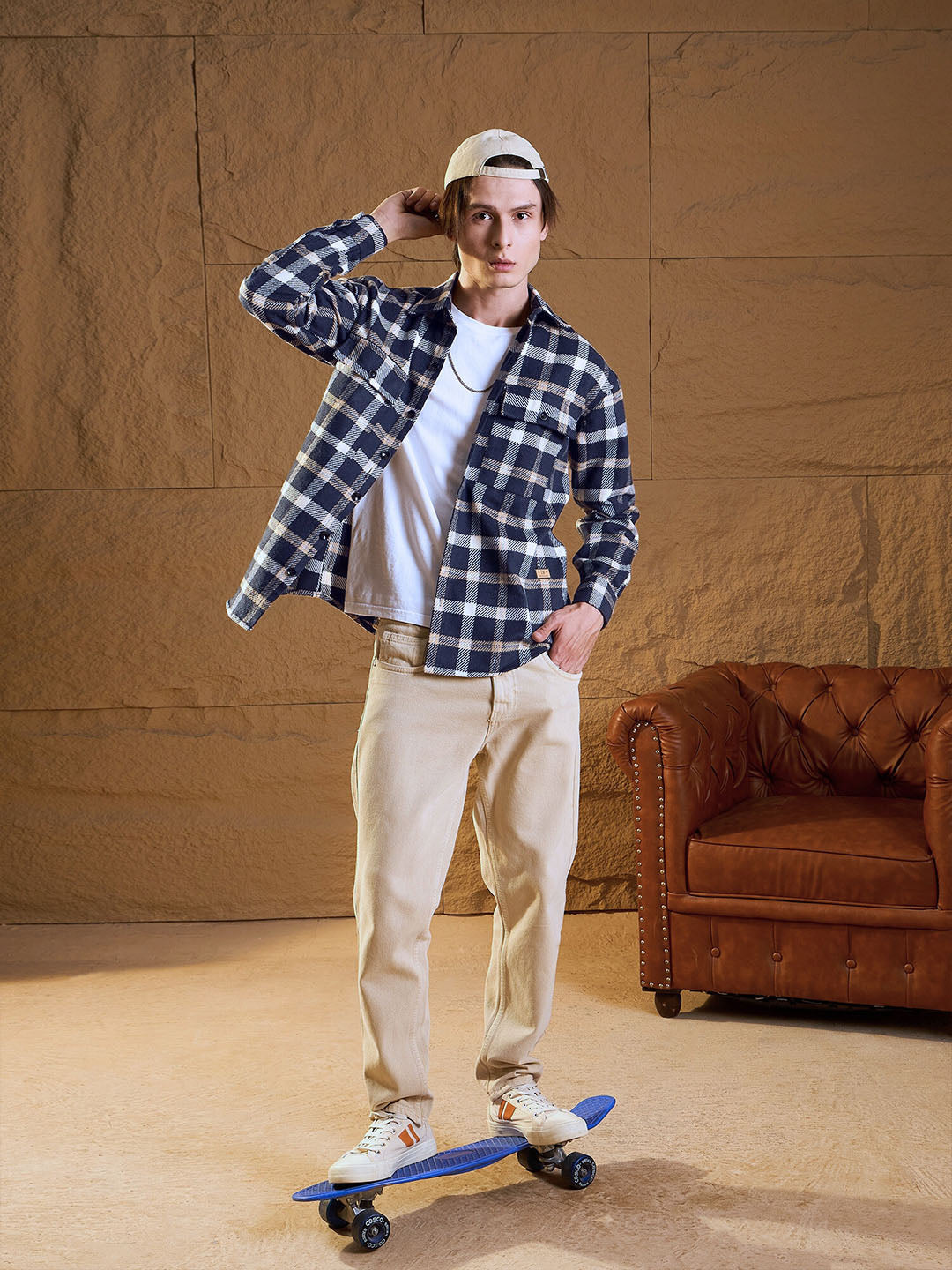 DENNISON Men Double Pocket Drop Shoulder Oversized Cotton Checked Shacket